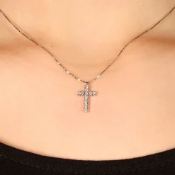 Discount Collana Croce Piccola in Oro Bianco con Diamanti Collane