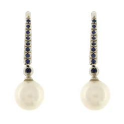 Sale Orecchini Perle Coltivate Giapponesi con Zaffiri Blu in Oro Bianco Gioielli Con Perle