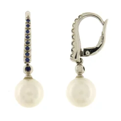 Sale Orecchini Perle Coltivate Giapponesi con Zaffiri Blu in Oro Bianco Gioielli Con Perle