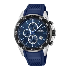 Outlet Orologio Festina Uomo Collezione Chronograph in Acciaio MM. 47 Con Quadrante Nero e Cinturino in Gomma Blu Uomo Orologi Festina Uomo
