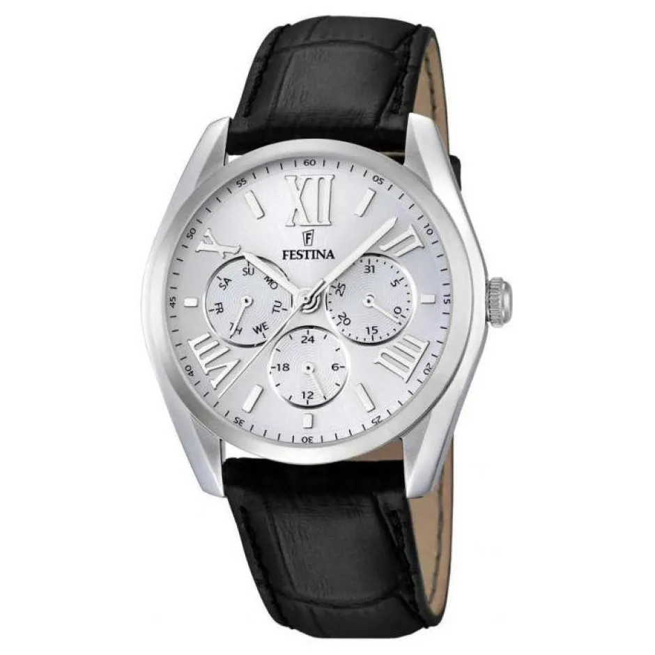 Outlet Orologio Festina Uomo Multifunzione In Acciaio E Pelle Con Quadrante Argentè Uomo Orologi Festina Uomo